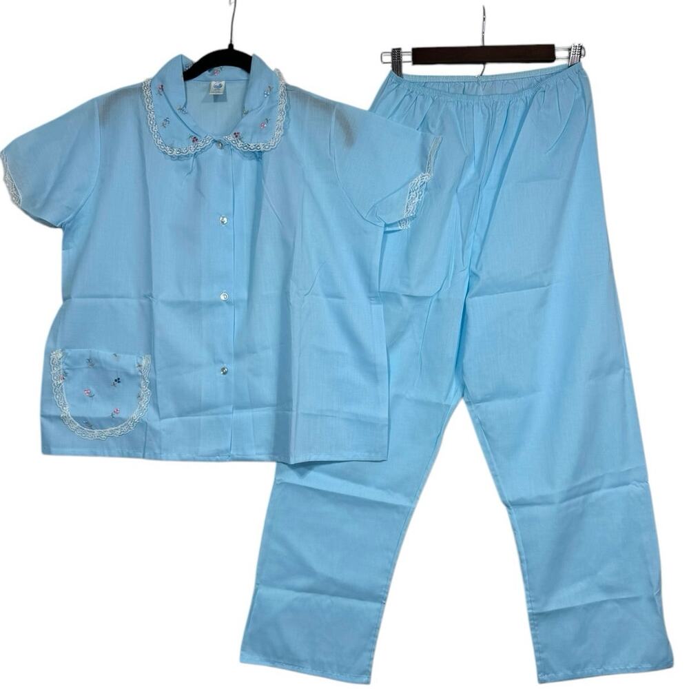 Vintage Katz‎ Pajama Set Blue Floral Embroidered Lace Short Sleeve Pants 38 NOS